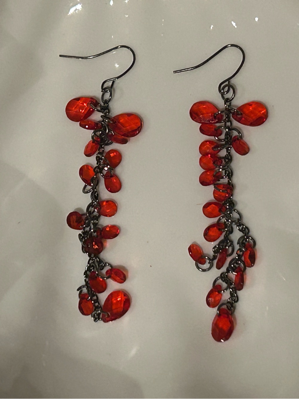 Red Dangling Earrings Black Silver